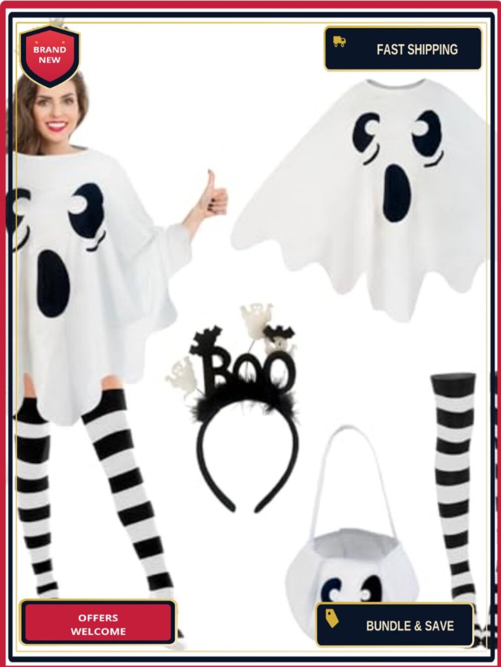 4 Pc Halloween Ghost Poncho Costume Set Women Plus Size Candy Bag Tights